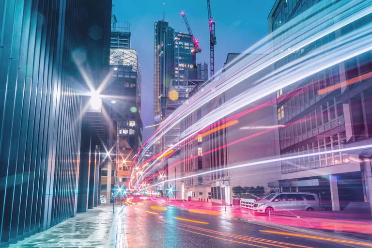Light trails in the downtown district. street
